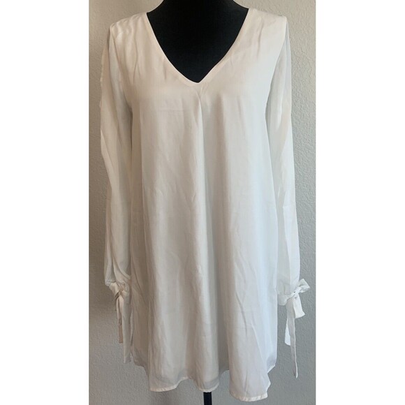 Lulus Women's Shift Dress Sz S White Chiffon Long Slit Sleeve With Bows V-Neck - Picture 1 of 8